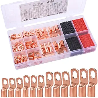 Copper Wire Lugs AWG 2 4 6 8 10 12 with Heat Shrink Set, 60Pcs Battery Cable Lugs Ring Terminals Connectors,Tubular Ring Terminals,AWG Crimp Wire Ring Lugs, 65Pcs Heat Shrink Tubing (180)