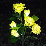[Upgraded 6 Flowers]Solar Powered Artificial Rose Flower Lights,Waterproof Outdoor Garden Accent Lighting for Summer Country Field Yard Pathway Balcony Memorial Cemetery Gravesite Decorations, Yellow