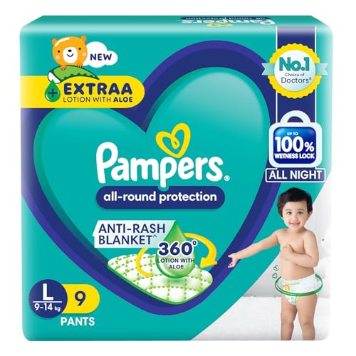 Image of Pampers All round Protection Pants, Large size baby Diapers, (9-14kg) 9 Count Lotion with Aloe Vera