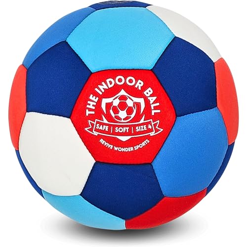 Revive Wonder The Indoor Ball | Soft & Safe Indoor Soccer Ball, Size 4 | Essential Soft Ball for Silent Dribble, Juggling, Training | Fun Silent Soccer for Girls Boys | RedWhiteBlue