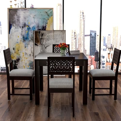 Image of Solid Sheesham Wood 4 Seater Dining Table Set with Cushioned Chairs for Dining Room | Living Room | Home & Office | Hotels Restaurant & Cafe (4 Seater, Walnut A)