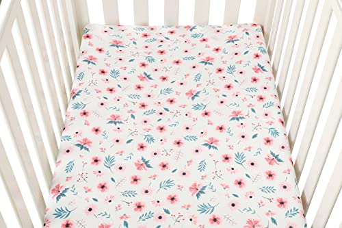 Image of Pack n Play Sheet Stretchy Fitted Portable Mini Crib Sheets Set 3 Pack,Playard Sheets Convertible Playard Mattress Cover,Ultra Soft Jersey Material,Floral,Grey Rabbit & Pink