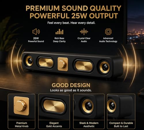 Image of CASON 25W Portable Wireless Bluetooth Soundbar- Vintage Stereo Speakers with FM Radio Sound,8 Hours Battery Life, AUX /USB /TF Card Input,Type C Charging (Black)