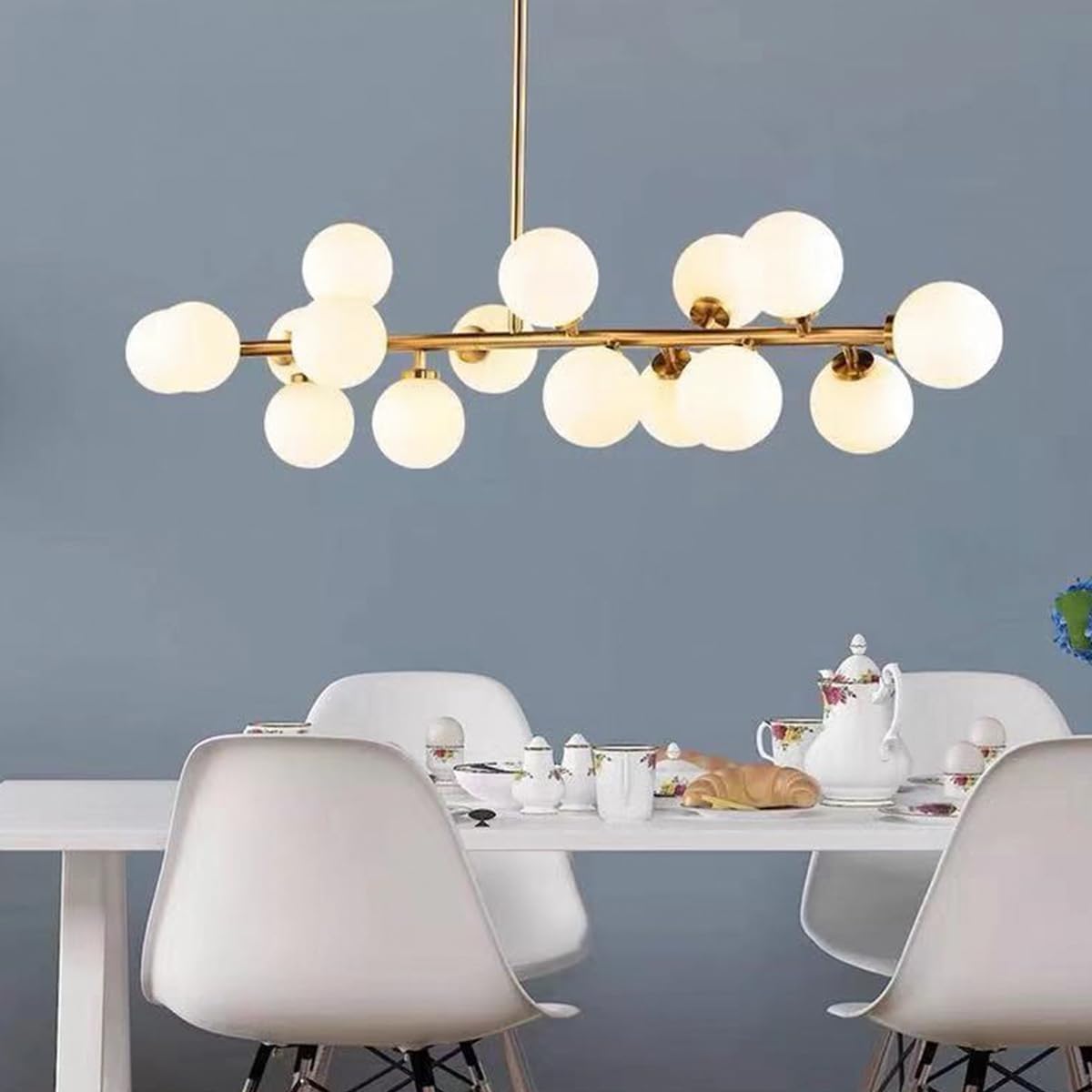 16-Light Rectangle Chandelier - Mid Century Modern Globe Pendant With Clear Glass Shades, Gold Finish