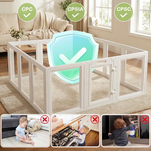 Image of Clear Acrylic Baby Playpen with Gate, Play Pen for Babies and Toddlers, DIY Shape, 59 inchx59 inch Indoor See-Through Baby Fence Playard, 12 Pannels