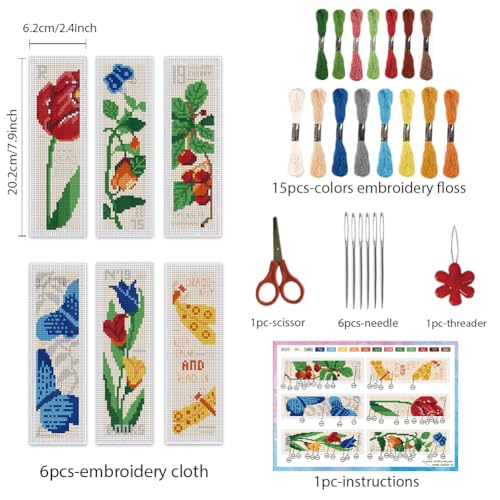 Image of INFUNLY 6PCS Flower Insects Cross Stitch Bookmark Kits Spring Rose DIY Stamped Cross Stitch Kit with Instruction Vintage Butterflies Embroidery Cross Stitch Kit for Book Lovers Readers Writers