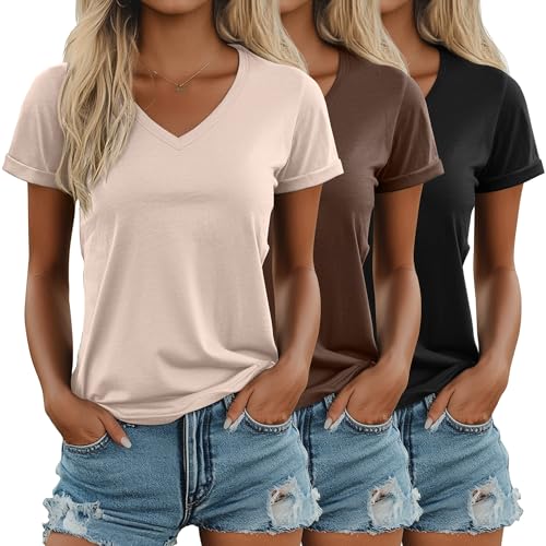 Ficerd 3 Pack Women's V Neck T Shirts, Summer Casual