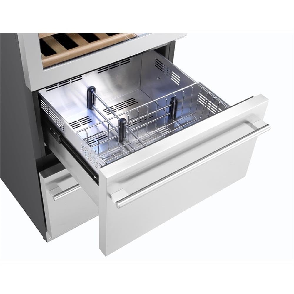 Pemberly Row 23.5" Wine & Beverage Cooler, Stainless Steel, 108 Bottles/100 Cans Capacity, Dual-Zone, Uv Glass Door, Wooden Shelves, White LED Lighting, Built-In Or Freestanding on Fridge.com - View 3