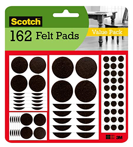 Scotch Felt Pads, Felt Furniture Pads for Protecting Hardwood Floors, Assorted Sizes Value Pack, Round, Brown, 162 Pads