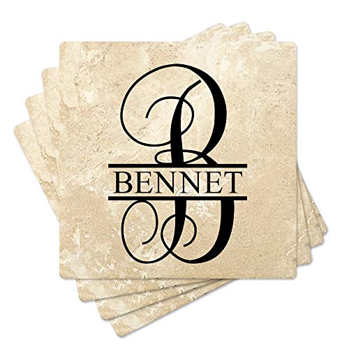 Set of 4 4 Personalized Monogram Absorbent Stone Travertine Square Coasters for Wedding Gift Housewarming Special Occassions Design 3
