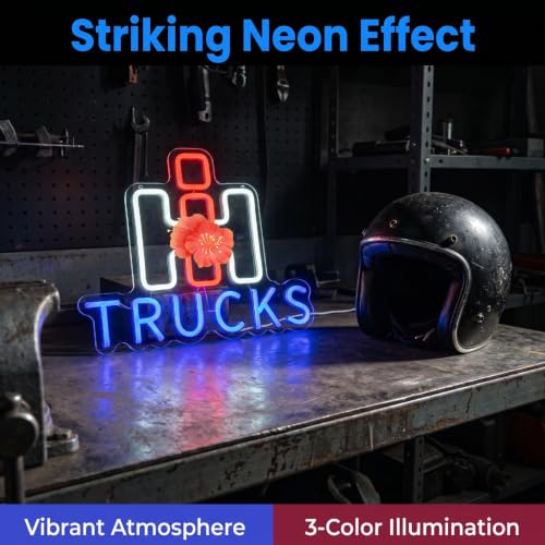 Image of International Harvester Trucks Neon Sign, USB Powered Harvester Neon Sign for Wall Decor Tractor Neon Light for Man Cavet, Dimmable Neon Light Wall Hanging Decor for Truck Culture Lover, Mechanic Shop, Garage, Man Cave Room