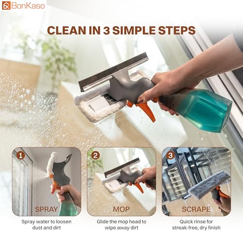 Image of BonKaso Glass Cleaner Spray Mop with Squeegee and Microfiber Pad, 250 ml Spray Bottle, Dual Spray and Stream Nozzle, Window Wiper and Glass Cleaning Tool for Mirrors, Car Windshield and Tiles