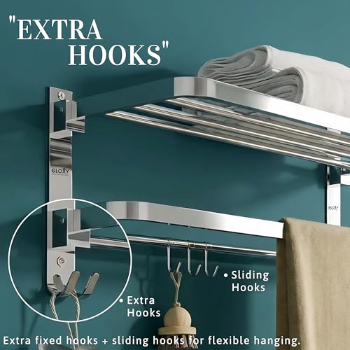 Image of Gloxy Premium Towel Rack in Bathroom Combo Pack of 3-24 Inch Stainless Steel Chrome Finish Bathroom Hangers for Clothes Towel Holder in Bathroom with Extra Hooks - Bathroom Fittings Accessories Set