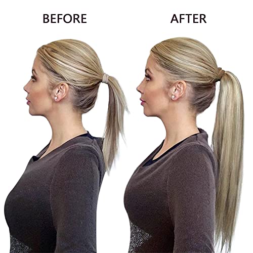 RUNATURE Blonde Real Hair Ponytail Extension Highlight Brown Ponytail Hair Extensions Real Human Hair Blonde Clip in Ponytail Hair Extensions Straight 16 Inch 80 Gram - Image 2
