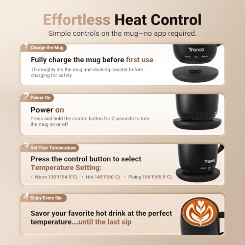 Image of Tronco Temperature Control Heated Coffee Mug 14 oz - Rechargeable Self-Heating Smart Mug with Lid - Manual Control, 3 Modes, 130 Min Battery Life, Auto Shut-Off (Black)