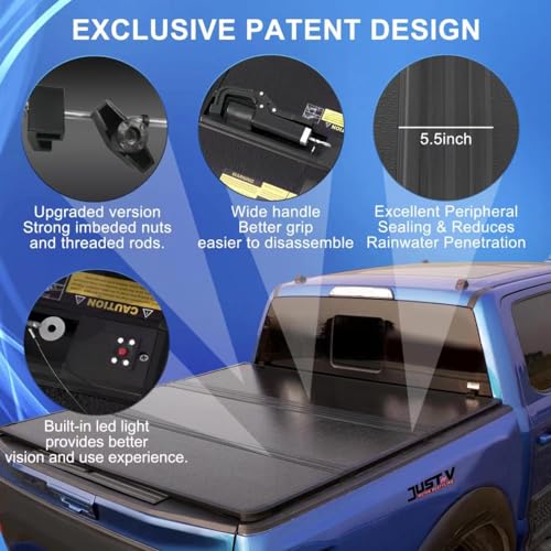 Image of Just-V Hard Tri-Fold Truck Bed Tonneau Cover for Ford F150 2015-2026 Crew Cab Pickup 5.5FT Bed (Excl. Raptor Series), Upgrade Solid FRP Textured Black