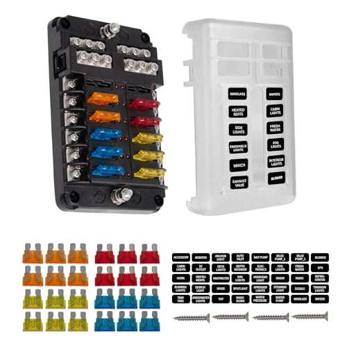 Fuse Block Blade Marine Fuse Panel Fuse Box ATC/ATO Waterproof Cover Negative Bus Included with LED Indicator for Car Boat Yacht RV Trailer Truck SUV (12-Way Blade Fuse Box)