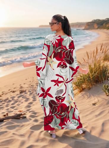 BOHOWE Women Kaftan Dresses V-Neck Batwing Sleeves Beach Cover Up Floral Print Caftan Dress with Pockets - image 2