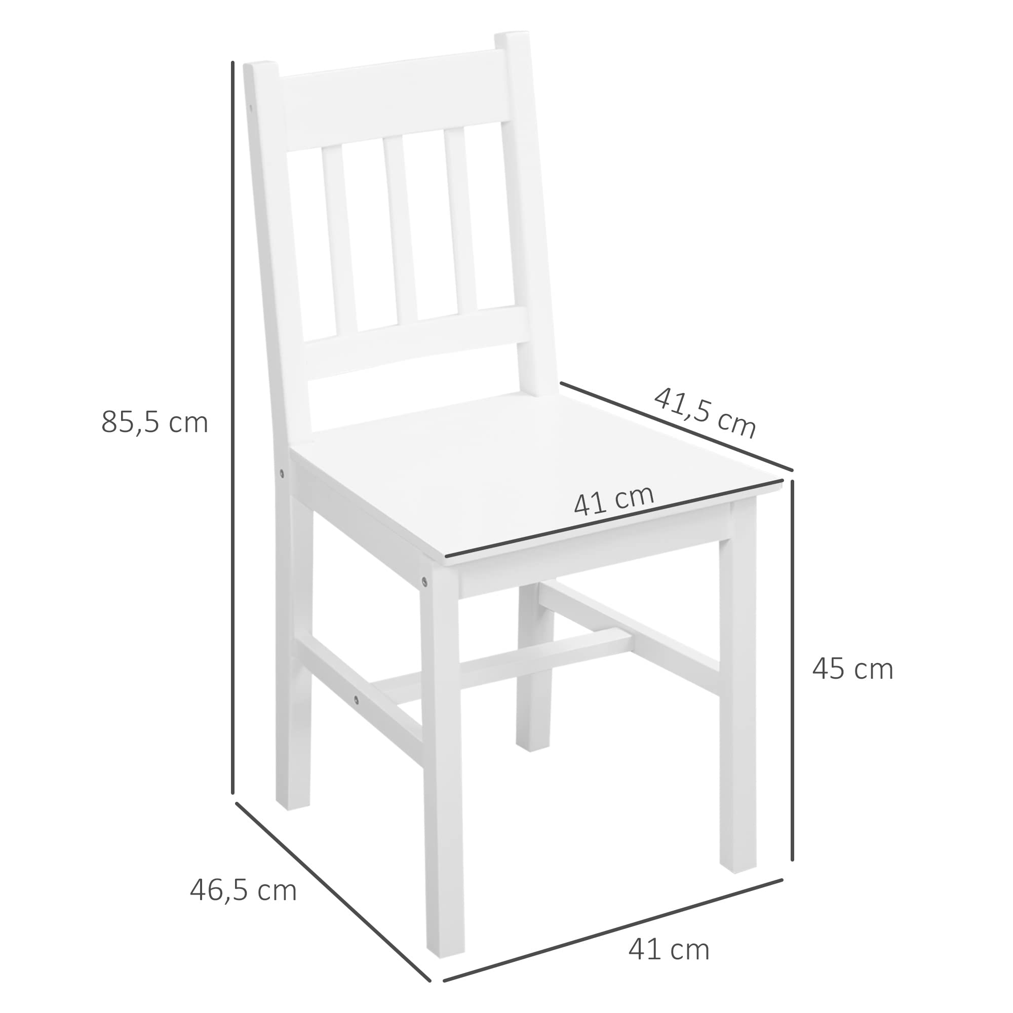 HOMCOM Juego de 2 Sillas de Comedor de Madera Maciza de Pino, Sillas de Cocina con Respaldo de Listones, Asiento Amplio, para Salón, Blanco