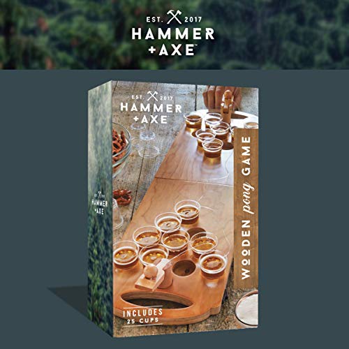 Hammer + Axe Mini Beer Pong Drinking Game, Catapult Portable Wooden Foldable Tabletop Game, Includes 25 Cups, 2 Balls, Carrying Bag, Tailgate College Party Game #TOP6