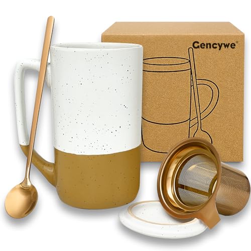 Comparison: Best Cups For Tea 4 Gencywe Ceramics Large Tea Cup with Loose Leaf Infuser, Spoon and Lid, 16 oz Tall Coffee Mug, Microwave and Dishwasher Safe, Rustic Matte Ceramic Glaze, Tea Strainer, Amber