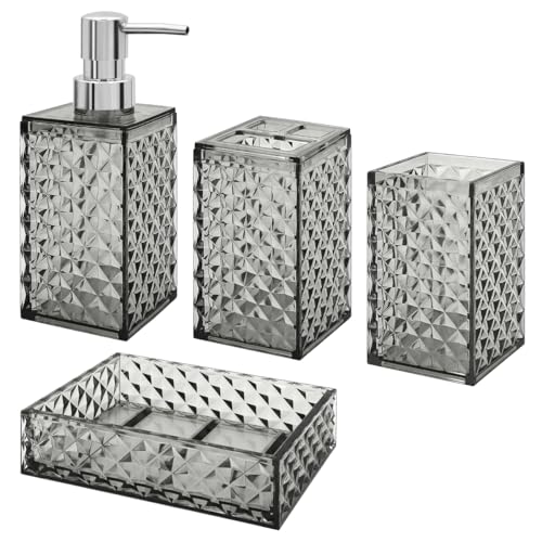 Bathroom Accessories Set, 4 Pcs Bathroom Decor Bathroom Sets Accessories, Diamond Soap Dispenser, Bathroom Tumbler, Soap Dish and Toothbrush Holder Set, Boho Bathroom Decor Grey