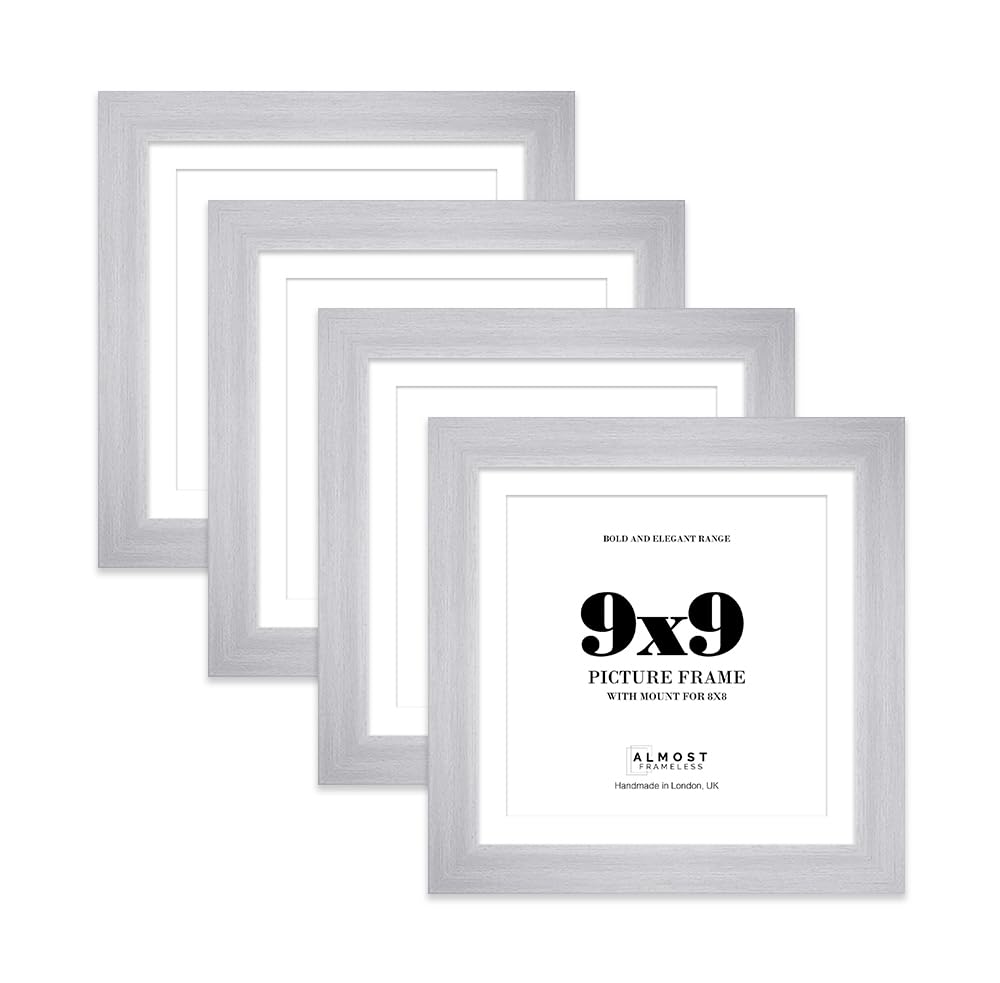 9x9" Silver Square Frame With Mount for 8x8" Pictures 28mm Edge Frame Display with Wall Hooks and Kickstand, 4 Pack