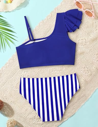 Doumlop Girls Bathing Suit Size 9 10,High Waisted Swimsuit For Girls Two Peice Girls Bikini Adjustable Spaghetti Straps Girls Swimwear Blue Striped Girl Bathing Suits thumb #5