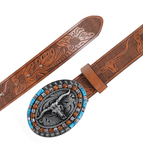 Women Men Western Leather Belts LongHorn Bull Buckle Vintage Belt Cowboy Cowgirl Country Turquoise Waist Belts3