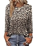 WIHOLL Tops for Women 3/4 Length Sleeve Crew Neck Casual Tunic Ladies Tops Basic Shirts Loose Fit Blouse Leopard Size 18-20