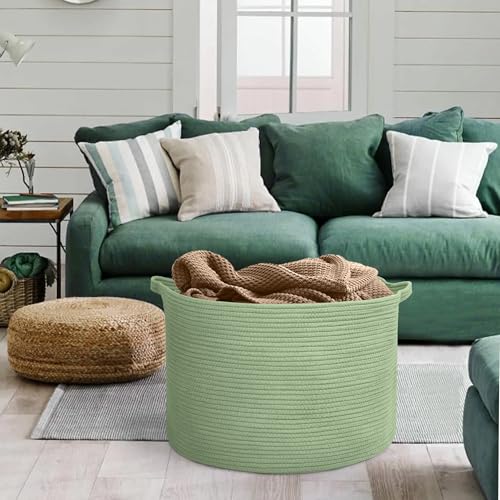 Image of MEGASKET Extra Large Green Basket, 22 inch X 22 inch X 14 inch Woven Cotton Rope Baskets for Blankets, Nursery Laundry Basket, Cute Kids Toy Storage Bin, Green Living Room Bedroom Decor Baskets for Organizing
