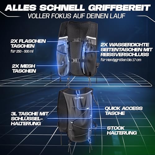 SASMO® Laufweste Damen & Herren 5L | Running Vest - Ultraleicht 270g & atmungsaktiv| Laufrucksack Damen - 8 Taschen | Laufweste Herren | Trinkweste Laufen (schwarz, 5L)