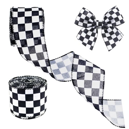1 Roll 15 Yards Black and White Checkered Ribbon Christmas Decorative Wired Edge Ribbon for Gift Wrapping Bow DIY Christmas Fall Tree Crafts(2.56 Inch)