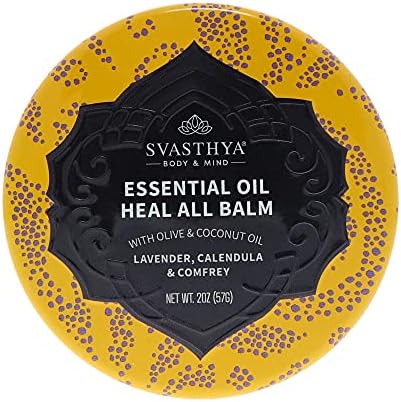 Essential Oil Heal All Balm by Svasthya with Lavender Oil, Soothes Dry Cracked Skin, Hands & Feet, Calms Irritated & Inflamed Skin, Speeds Healing for Cuts & Bruises Naturally!