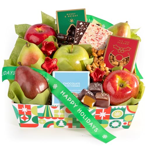 Holiday Treasures Fruit Basket with Happy Holidays Ribbon