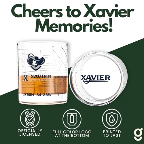 Image of Greenline Goods Xavier University Musketeers Whiskey Glasses Set of 2, 10 oz Rocks Glasses with Full-Color Logo & Campus Map - Officially Licensed Bourbon Glass Gift for Alumni & Fans