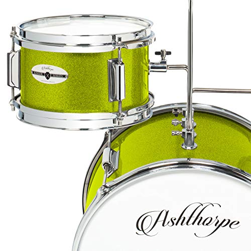 Ashthorpe 3-Piece Complete Junior Drum Set - Beginner Kit With 14" Bass, Adjustable Throne, Cymbal, Pedal & Drumsticks - Green #TOP3