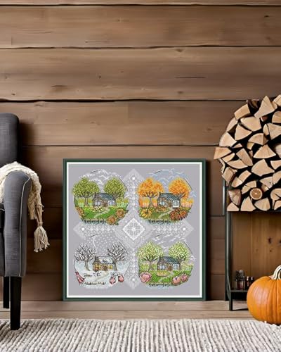 Image of CaptainCrafts Cross Stitch Kits for Adults Counted Cross Stitch Unprinted Fabric Cross Stitching DIY Art DMC Needlecrafts Embroidery Kit for Adults (White, Cottage Scenery Four Seasons)