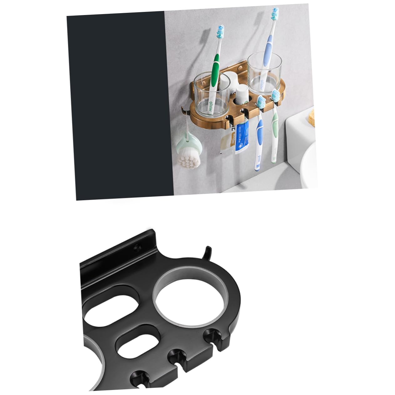 Soporte de Negro Aluminio de Dientes Space Cepillos Multifuncional sin Taladro con Doble Vaso y Ganchos Accesorios de Baño
