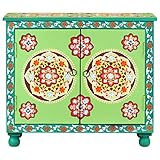 Kaloriko Buffet Peint à la Main Multicolore en Bois de manguier Massif 70x35x60 cm avec 2 Portes et Compartiments Rangement pour Salon Salle à Manger décoration