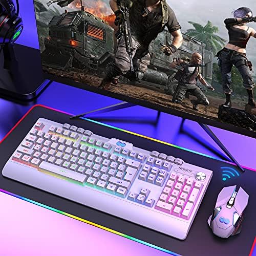 HETOETF Update H8 Wireless Gaming Keyboard and Mouse Set 4800mAh Long Battery Life RGB Chroma LED Backlit 2.4G Rechargeable Mechanical Feel Keyboard, 2400DPI 6 Buttons Mouse for Computer Mac Gamer