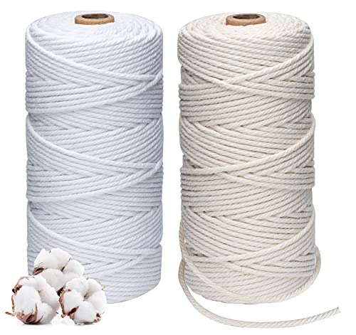 2 Rouleau x 2 Couleur Cordon en Coton,3mm Corde en macramé Naturelle avec Boîte de Rangement Exquise,100m/Rouleau Ficelle Corde Macramé pour Tentures Murales,Décorations D'intérieur,Tricot Emballage