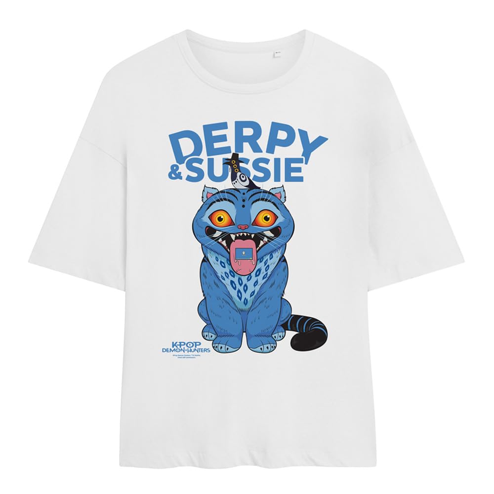 Kpop Demon Hunters Derpy and Sussie Delivery Ladies Oversized T Shirt, White, XX-Large