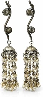 Jewels Of Love “Moonlit Pearl Danglers” Earrings | Handcrafted Tassel Design with Gemstone Stud &amp; Pearl Chains | Ethnic In...