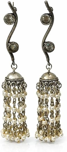 Jewels Of Love “Moonlit Pearl Danglers” Earrings | Handcrafted Tassel Design with Gemstone Stud &amp; Pearl Chains | Ethnic In...