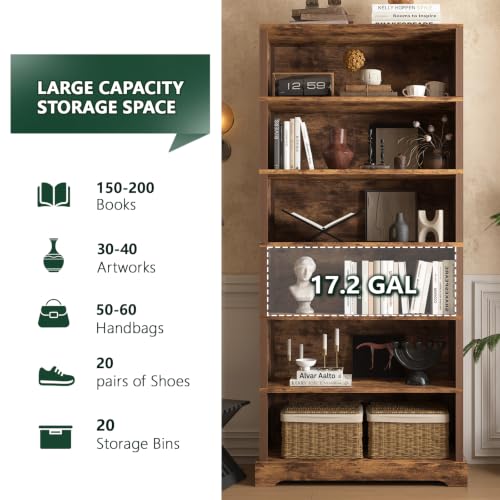 Image of TVU 6-Tier Wooden Bookshelf, 77.2 inch Tall Farmhouse Style Open Bookcase, 31.5 inch W Standing Book Shelf with Storage, Suitable for Study, Living Room, Office, Rustic Brown