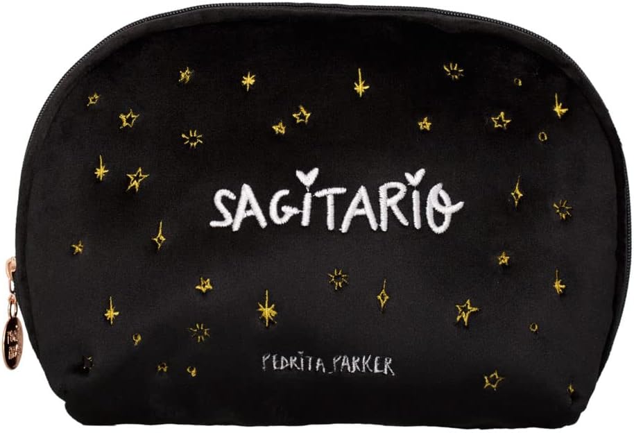 Women's Velvet Toiletry Bag with Embroidered Horoscope, Black/White, Medio