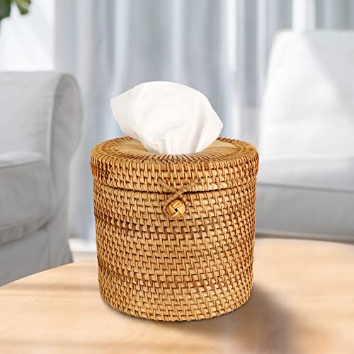 Facial Tissue Holder, LINGSFIRE Rattan Tissue Box Cover Round Wicker Tissue Box Holder Refillable Facial Tissue Dispenser Tissue Cover Decorative Tissue Box for Home Office Kitchen, 5.9" Dia x 5.7" H