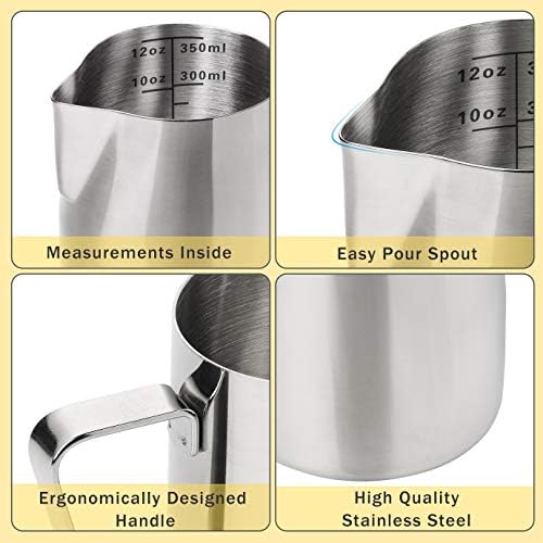 WXJ13 Milk Jug 350ml/12OZ, Stainless Steel Milk Frothing Pitcher, Milk Thermometer with Clip, Powder Shaker with Lid and Latte Art Pen for Hot Chocolate Cappuccino Coffee Latte Art Maker