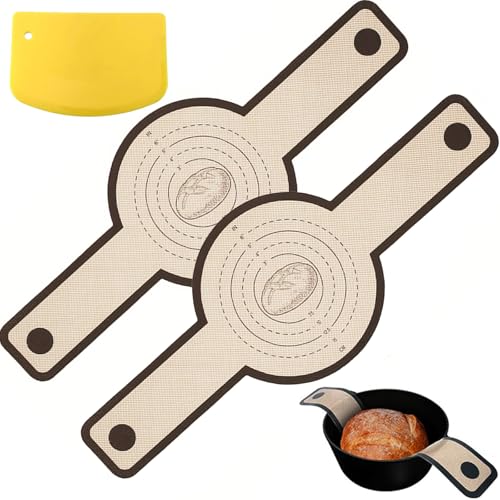 Silicone Baking Mat Bread for Dutch Oven 2 Pieces Silicone Bread Sling with Long Handles, Reusable Bread Baking Mat Bread Baking Accessories with Dough Cutter